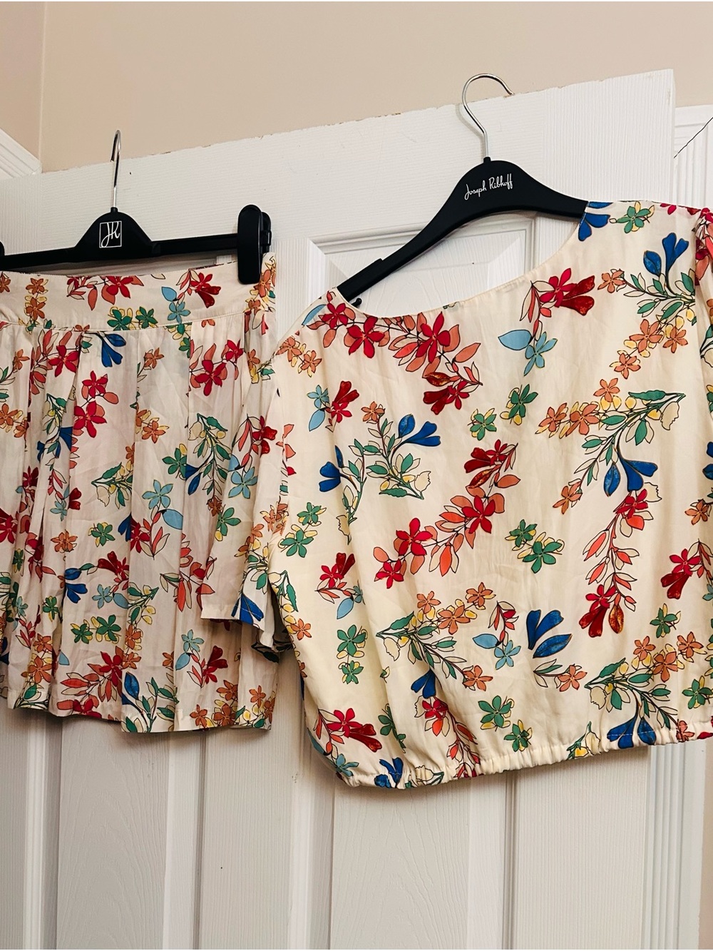 Molly Bracken Cream Floral Two-Piece Skirt Set with Red, Blue, Green Flowers